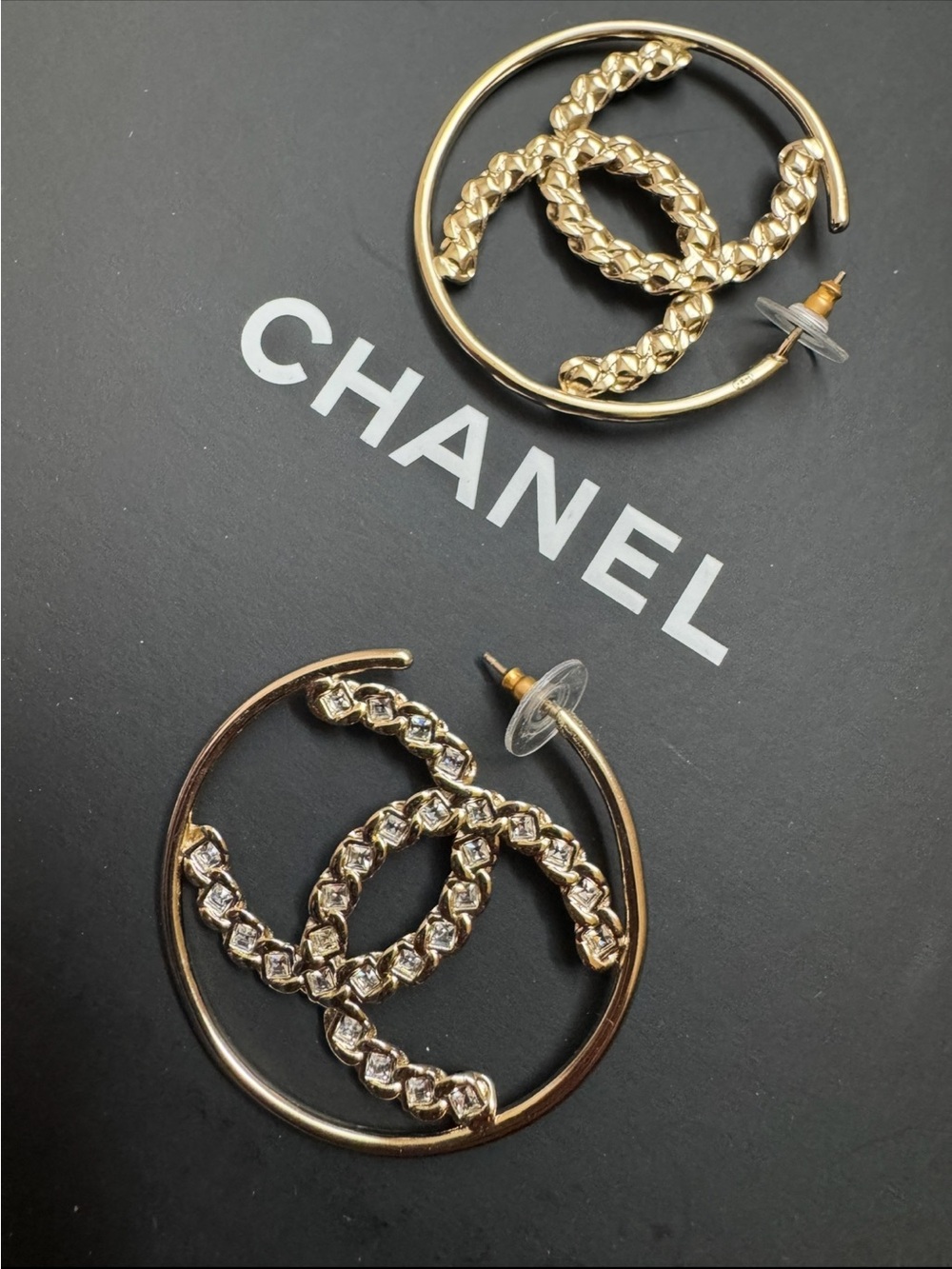 CHANEL Runway Gold CC Hoop Earrings with Crystal Detailing - Picture 2 of 5